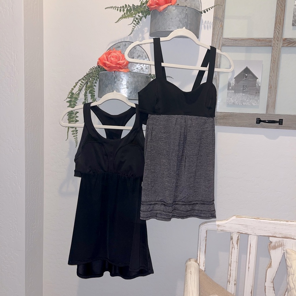 Bundle of Black+Gray Lululemon Tanks with Built-In Bras (Size 8)